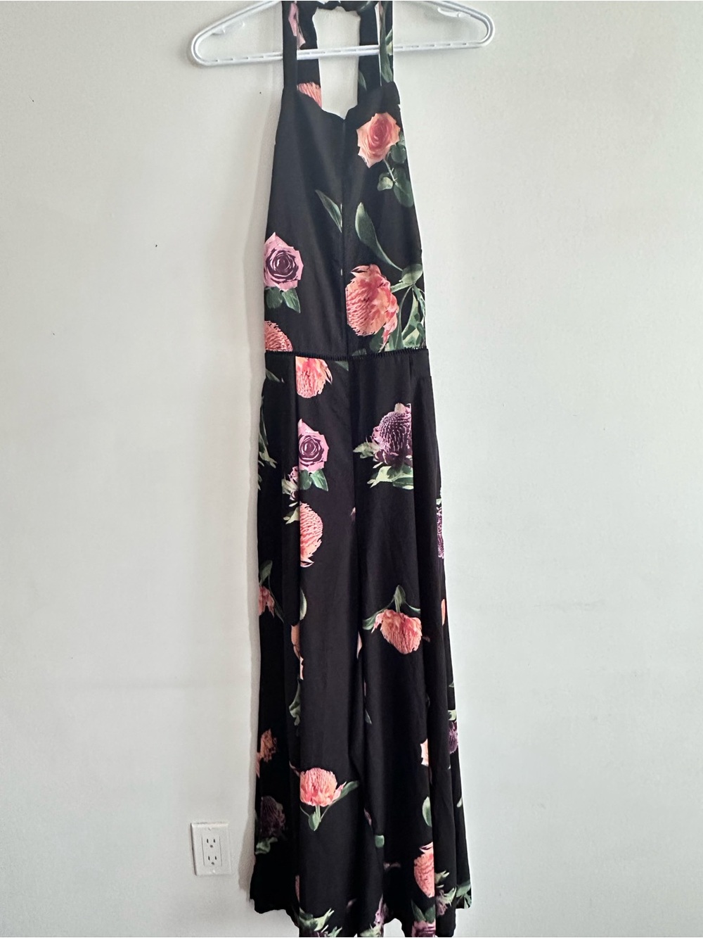 Mango Black Floral Halter Jumpsuit with Pink and Green Print